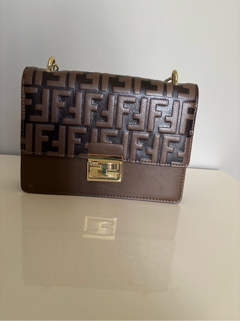 Brown Monogram Crossbody Bag with Gold-Tone Turn-Lock
